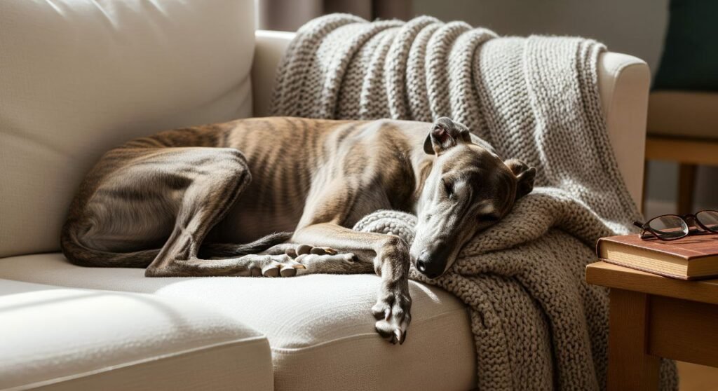 Greyhound lounging peacefully on a couch, showcasing their calm and gentle nature