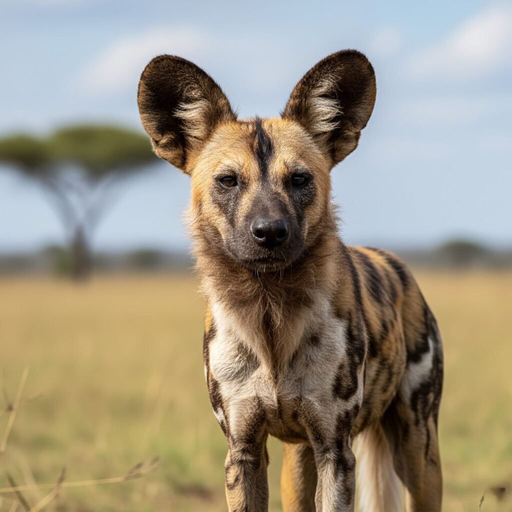 Close-up of an African wild dog with patchy fur and large round ears