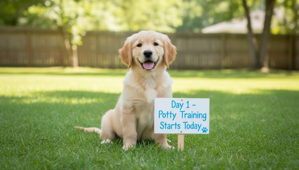 Golden retriever puppy sitting on grass with a sign that says 'Day 1 – Potty Training Starts Today'