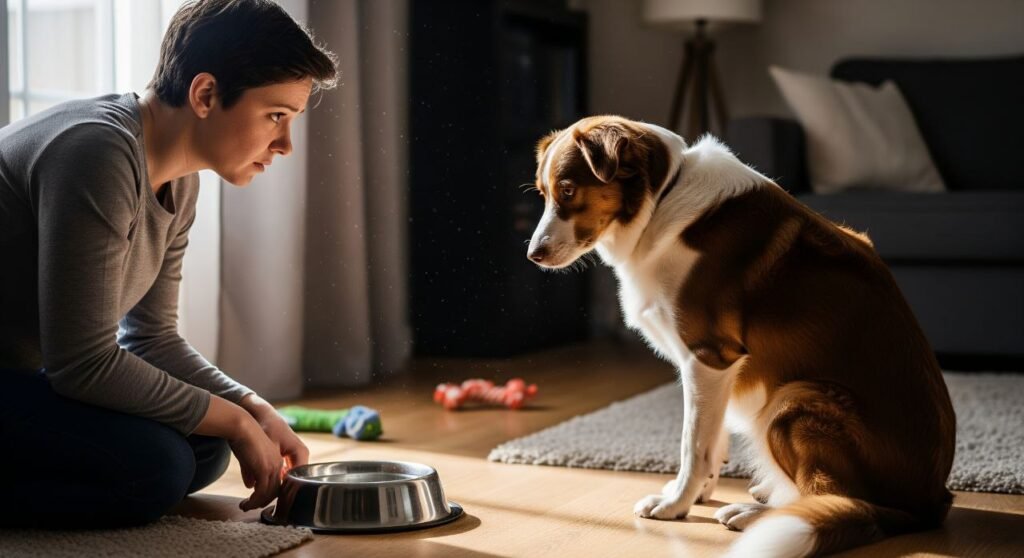 Dog ignoring a full water bowl while owner looks concerned, highlighting sudden change in behavior