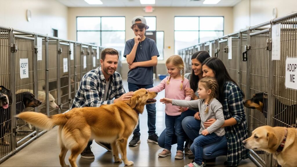family at dog shelter
