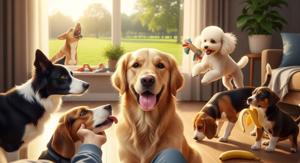 Friendly dogs in a cozy park or living room, featuring breeds like Border Collies, Golden Retrievers, and Poodles. Includes subtle elements like a barking dog, a dog wagging its tail, and a puppy with a banana, evoking a warm, inviting atmosphere