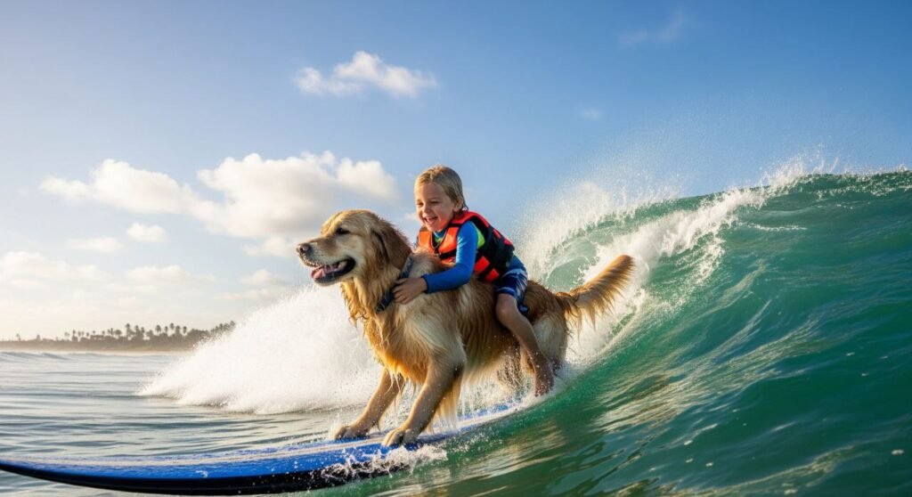 A Golden Retriever surfing on a wave with a child wearing a life vest