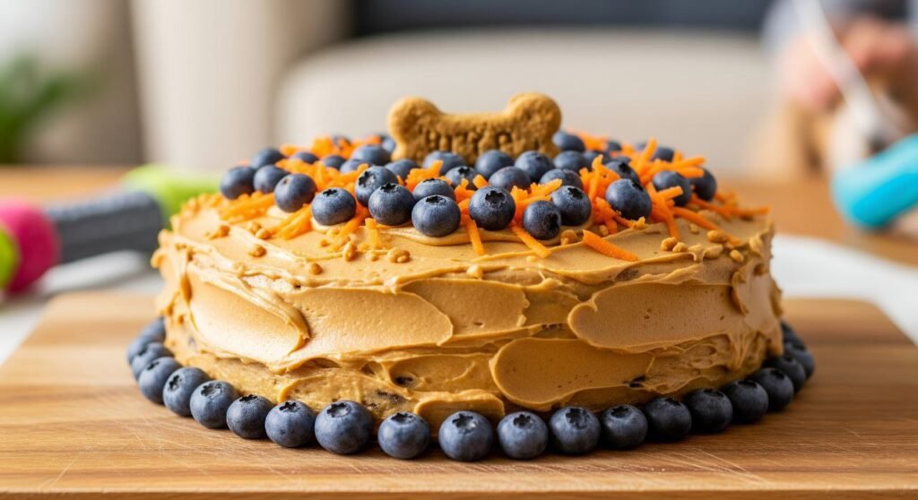 A bright, inviting photo of a homemade dog birthday cake decorated with natural ingredients like peanut butter frosting, blueberry, and carrot shreds.