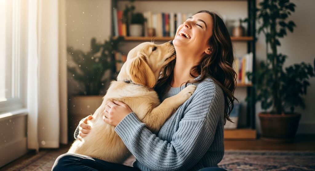 A joyful photo of a puppy cuddling or playing with their owner — showing the positive result of good puppy training