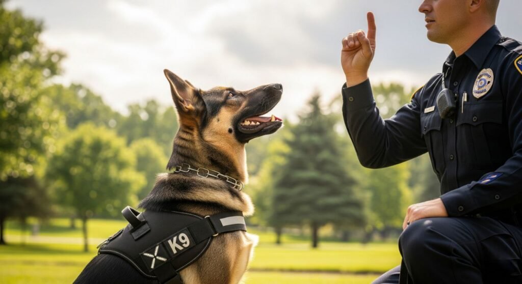 A photo of a German Shepherd with a police or service dog harness, or attentively responding to commands, emphasizing their loyalty, discipline, and working ability.