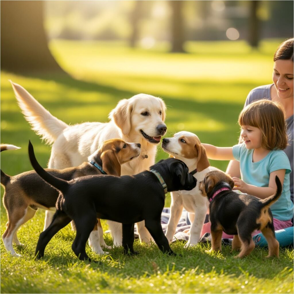 A puppy meeting other puppies or playing gently with children or adults in Puppy Training