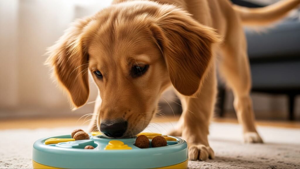 A puppy playing with a puzzle toy or sniffing out hidden treats in Puppy Training