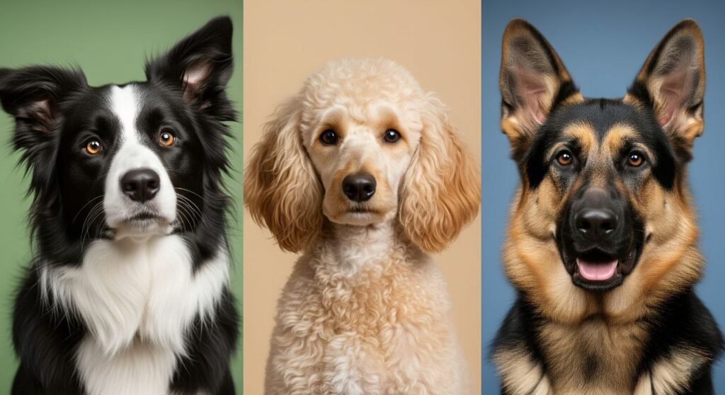 A vibrant collage featuring the Border Collie, Poodle, and German Shepherd side by side, each in a natural, active pose that showcases their alertness and intelligence