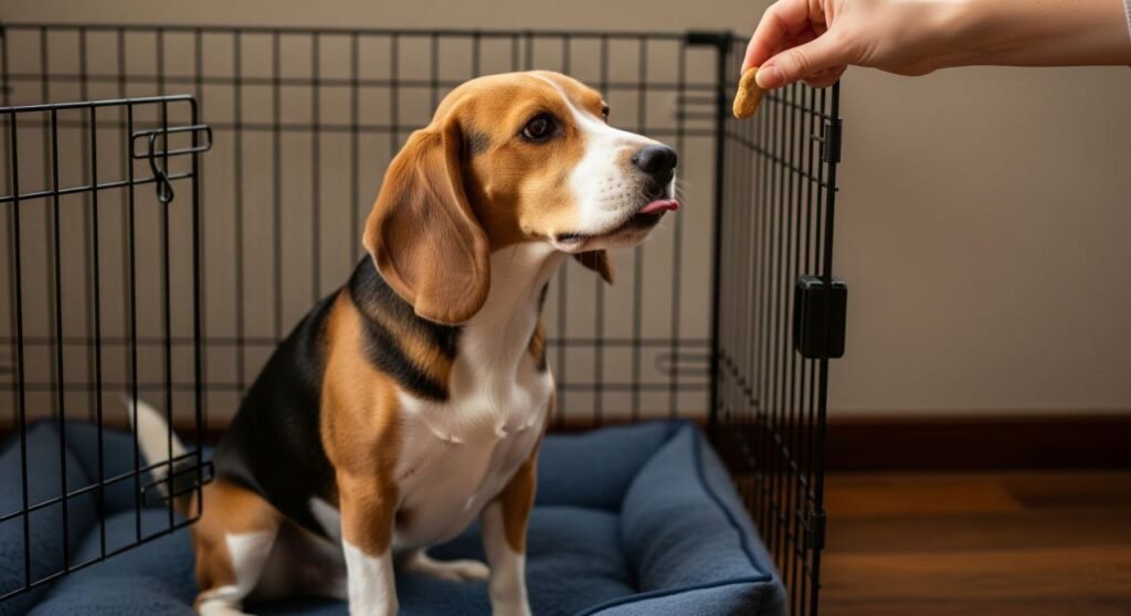 Beagle being trained using positive reinforcement with treats