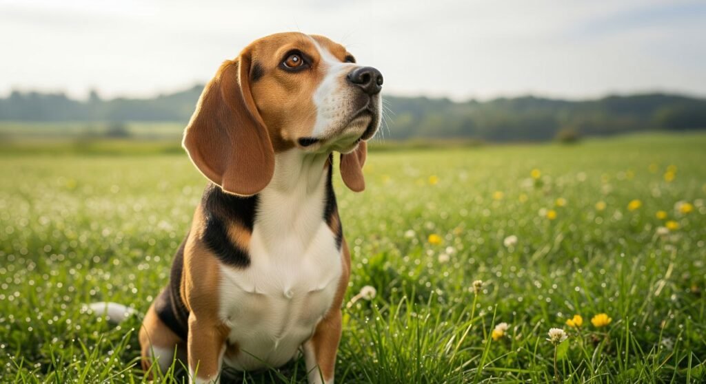 Beagle dog sitting in a grassy field, looking up with soulful eyes