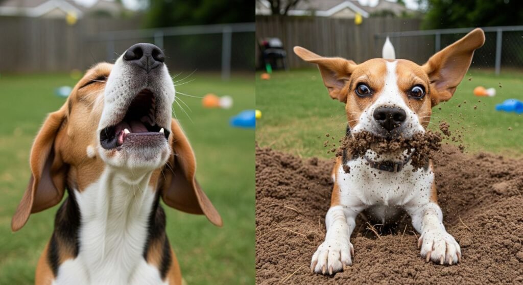 Beagle howling and digging in a backyard garden