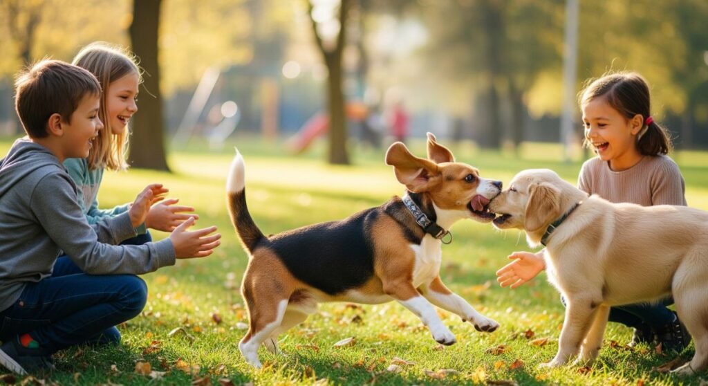 Beagle playing joyfully with kids and other dogs in a backyard