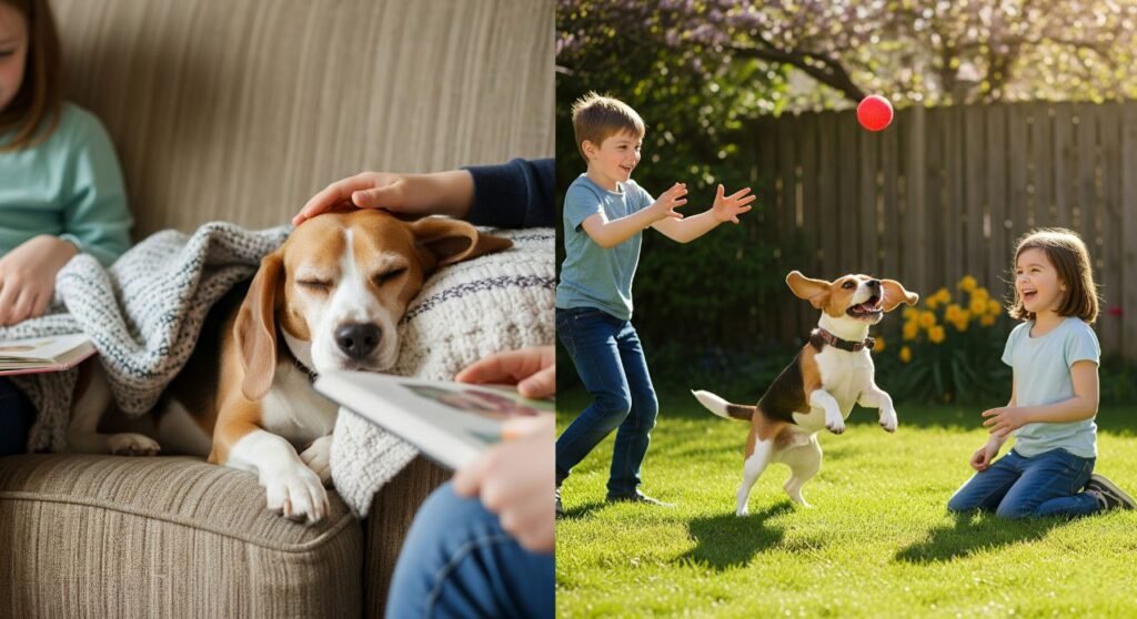 Beagle relaxing with a family and children on a sunny day