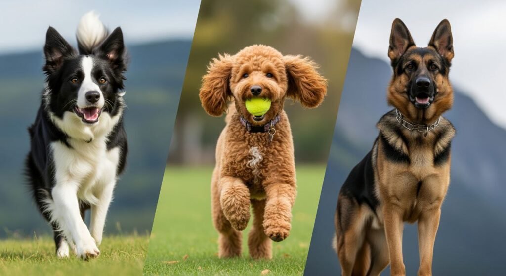 Border Collie, Poodle, and German Shepherd in action poses showcasing their intelligence and alertness — the top three smartest dog breeds