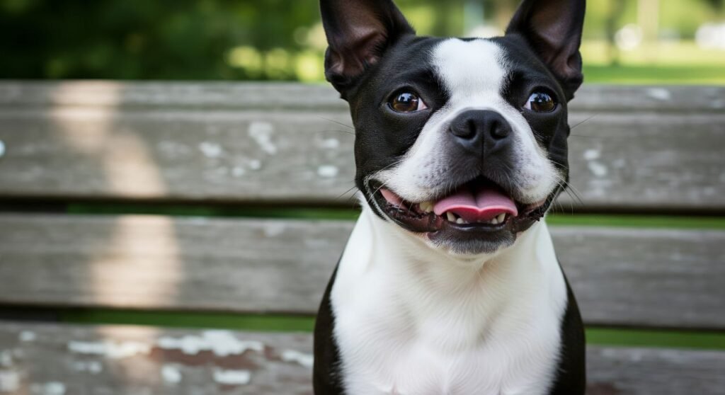 Boston Terrier sitting calmly, representing an easy-to-care-for breed with minimal grooming needs