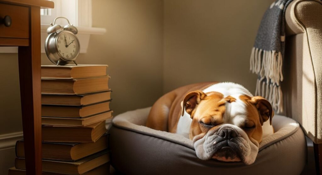 A peaceful Bulldog curled up on a soft bed, looking content and relaxed in a cozy home setting