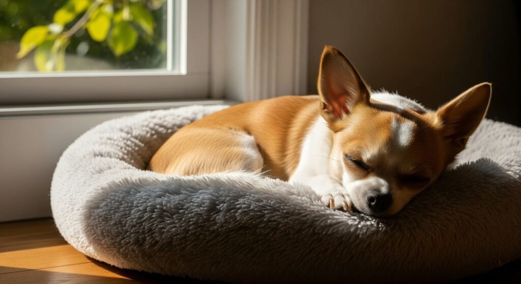 Chihuahua resting in a cozy dog bed by a window in a small apartment setting