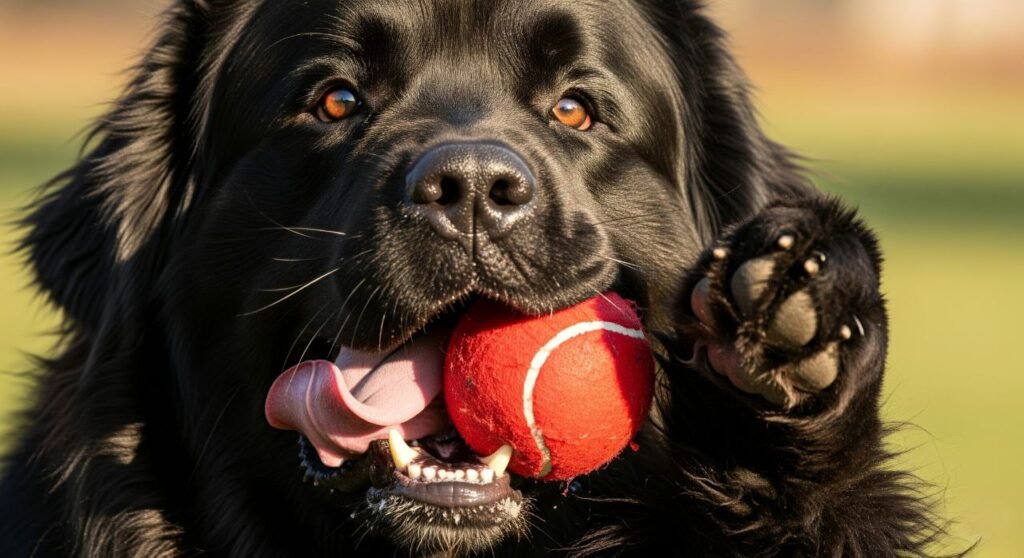 Close-up of a smiling Newfoundland dog showing its expressive eyes, droopy ears, and lovable nature