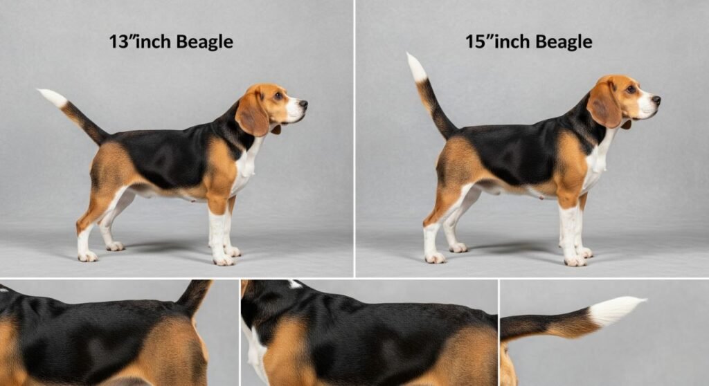 Comparison of two Beagle sizes with different coat colors and markings.