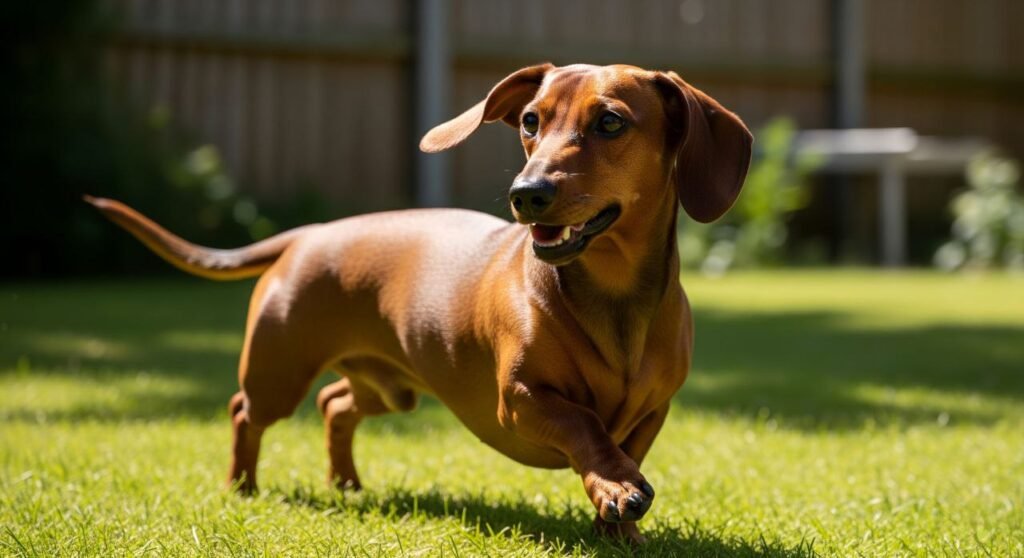 Smooth-coated Dachshund playing outdoors in a sunny backyard, looking curious.