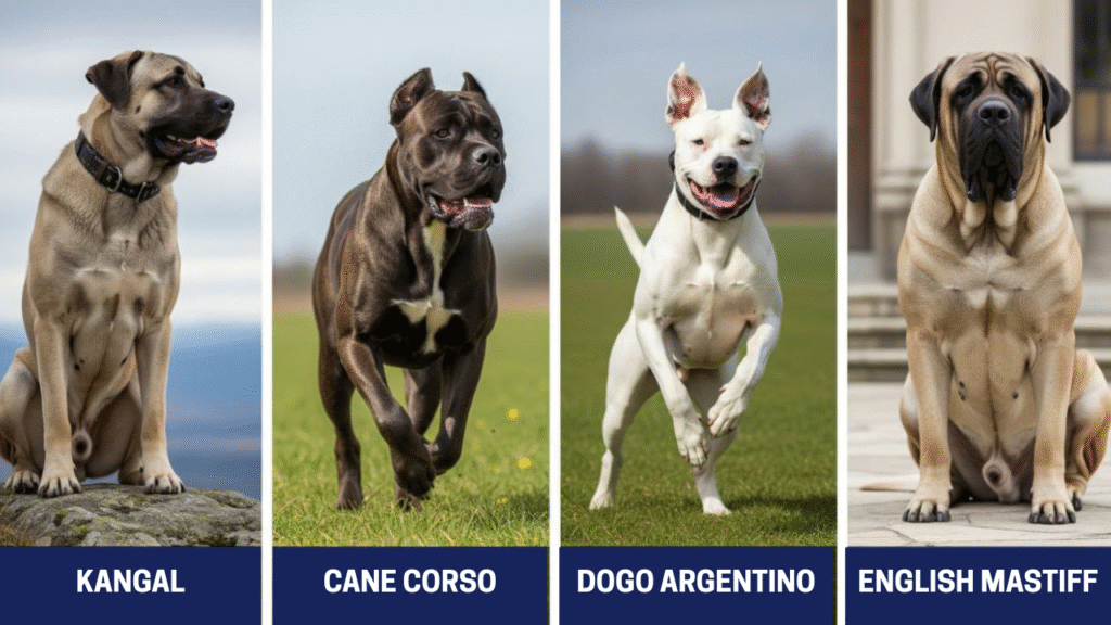 Dogs with Strong Bite Forces well-arranged collage featuring the Kangal, Cane Corso, Dogo Argentino, and English Mastiff.