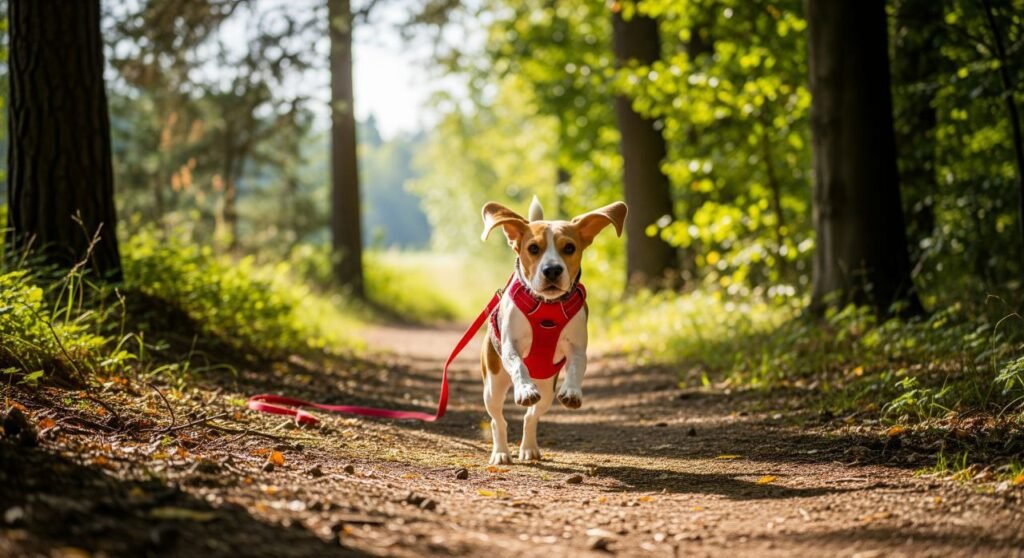 Energetic Beagle Dog running outdoors and sniffing the ground