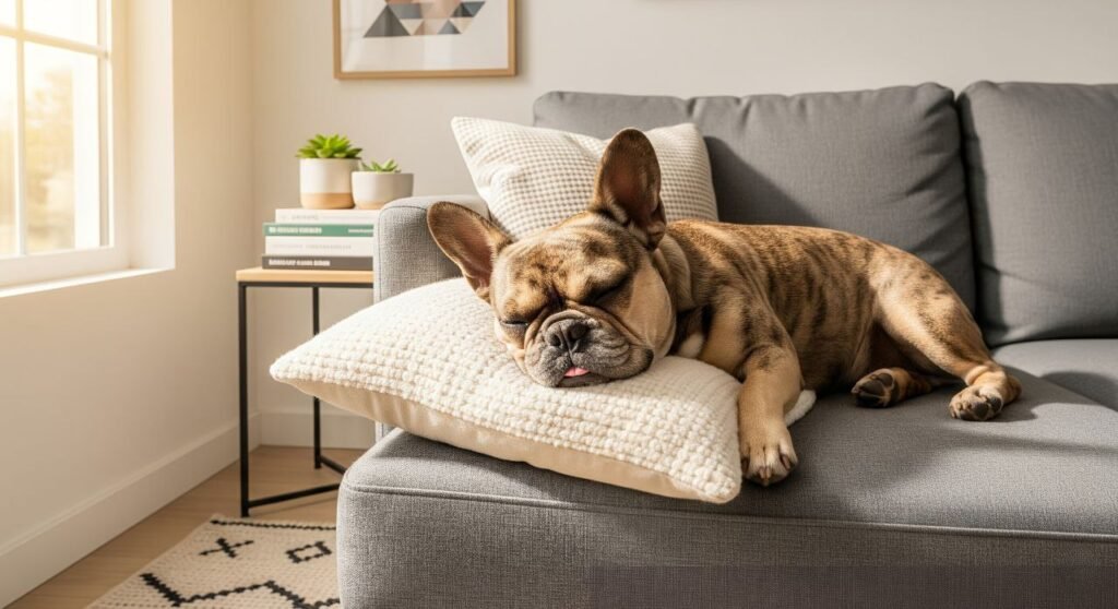 best dig A relaxed French Bulldog comfortably resting on a soft couch in a cozy living room, looking calm and content