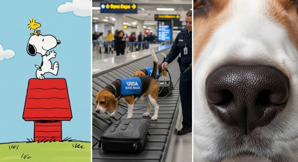 Fun Beagle facts including cartoon Snoopy and scent detection Beagle at work