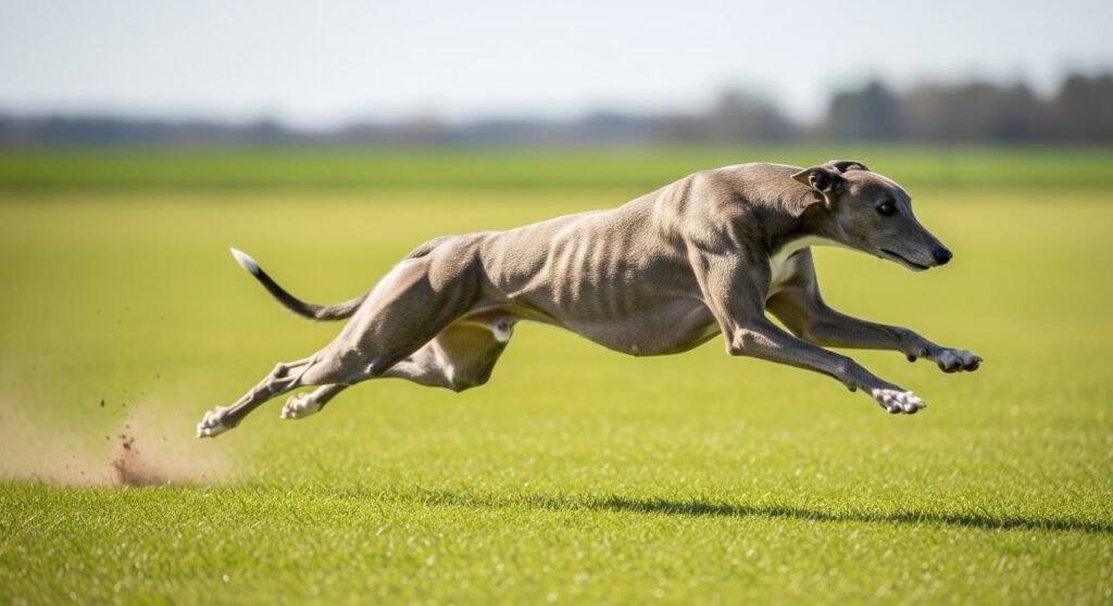 Greyhound mid-sprint running in a field