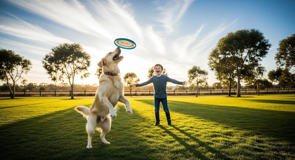 A cheerful Labrador Retriever running and playing in a spacious backyard with a ball, surrounded by green grass and trees