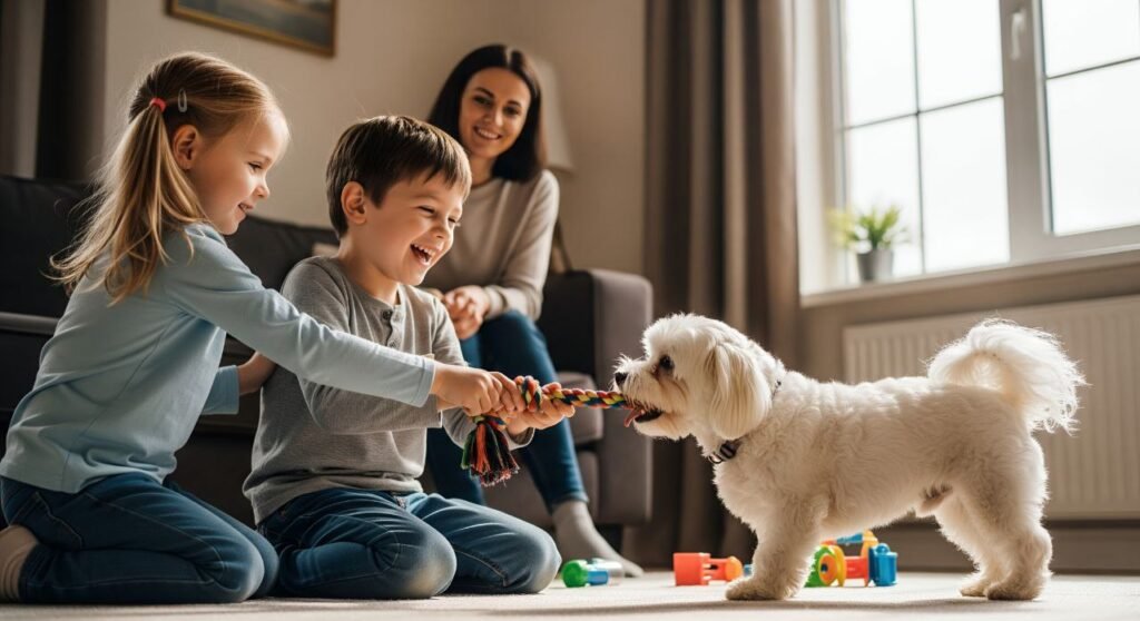Playful Maltese dog interacting with children in a family home