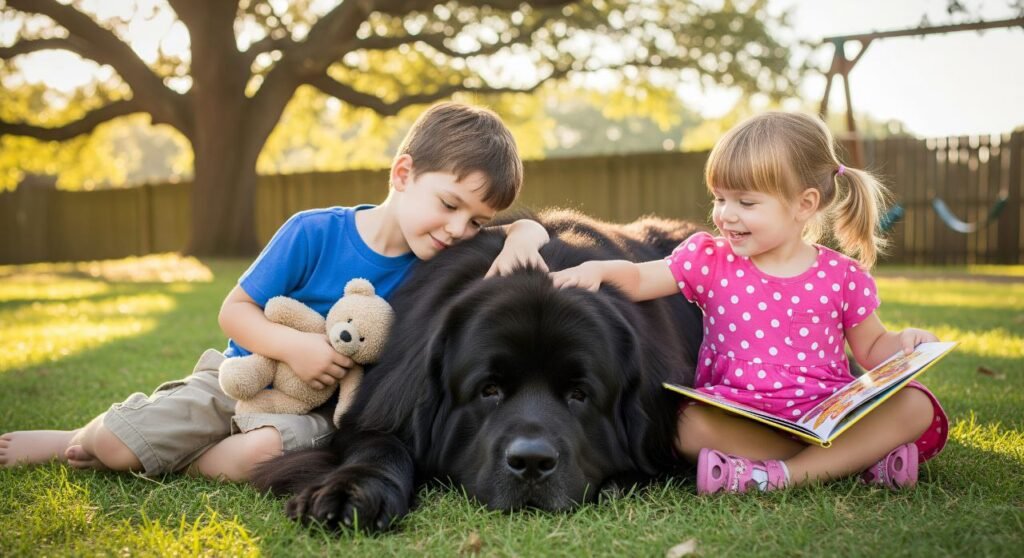 Newfoundland dog calmly lying next to children, highlighting its gentle and family-friendly nature