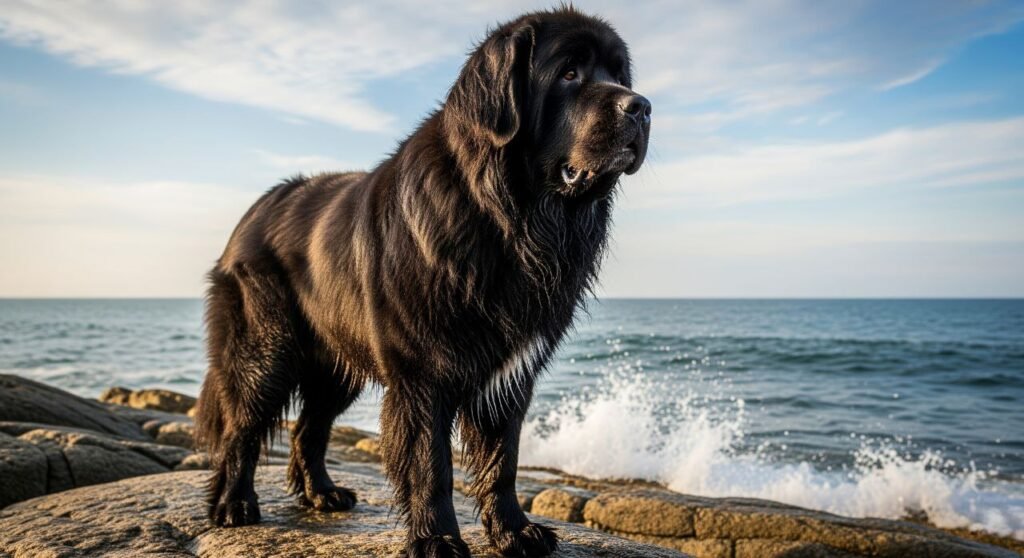 Newfoundland dog standing on a coastal cliff with the ocean behind, showcasing its strong and majestic build