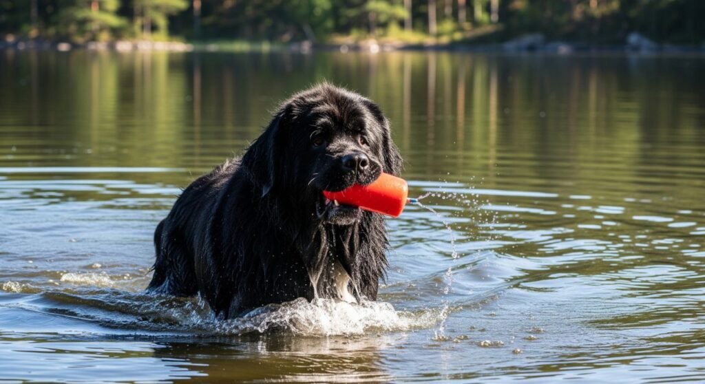 Newfoundland dog swimming in a lake, demonstrating its natural water rescue instincts and webbed feet