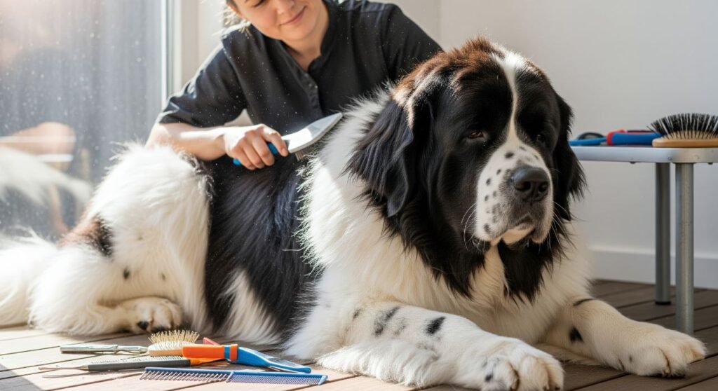 Owner brushing the thick double coat of a Newfoundland dog to manage shedding and maintain hygiene