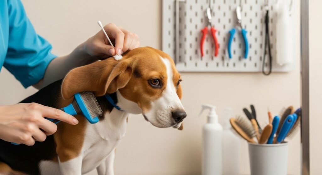 Person grooming a Beagle using a brush and ear cleaner
