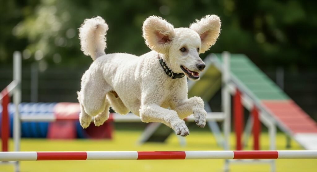 Poodle performing a trick during a training session, highlighting its intelligence, agility, and playful nature