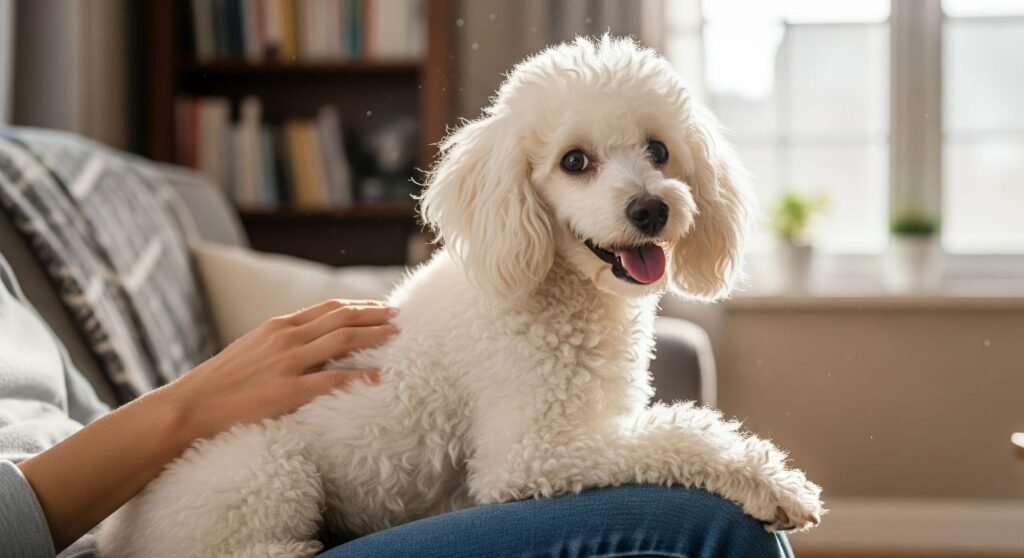 A well-groomed Poodle sitting on the lap of a person, showing off its curly, hypoallergenic coat in a calm indoor setting