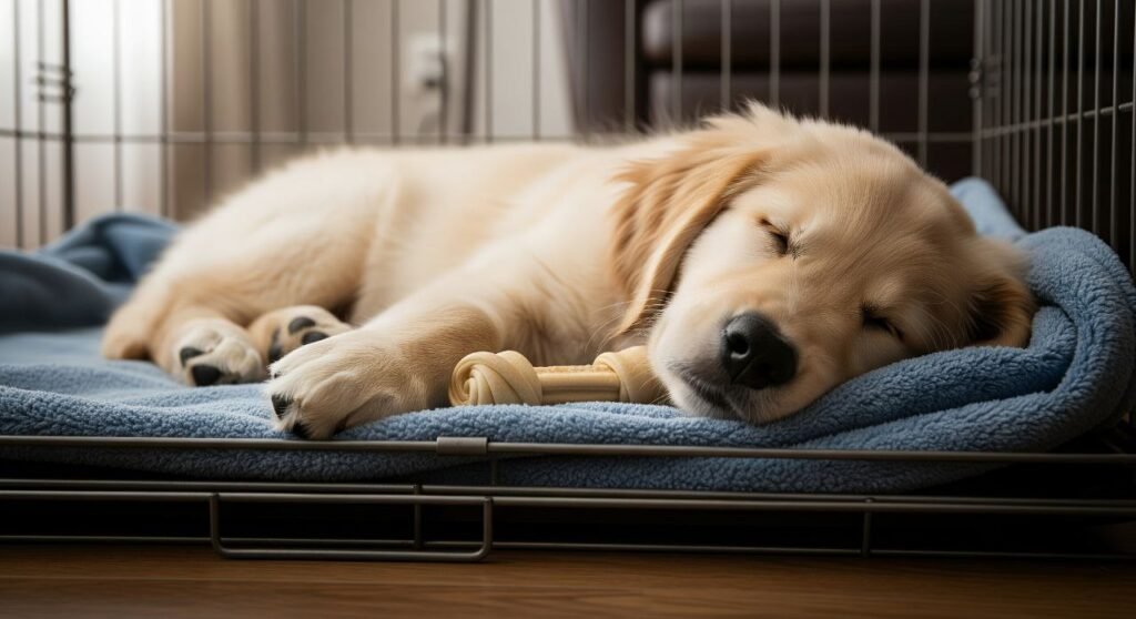 Puppy Training A puppy comfortable sleeping inside a crate with a soft blanket and toy