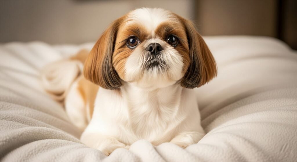 Trimmed Shih Tzu sitting on a blanket, appearing calm and affectionate