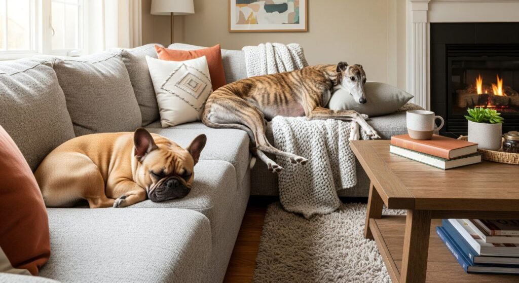 French Bulldog and Greyhound relaxing in a living room, symbolizing low-maintenance dog breeds for modern homes