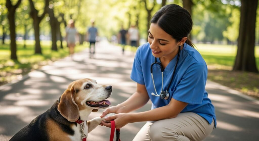 Veterinarian examining a Beagle during a routine health checkup