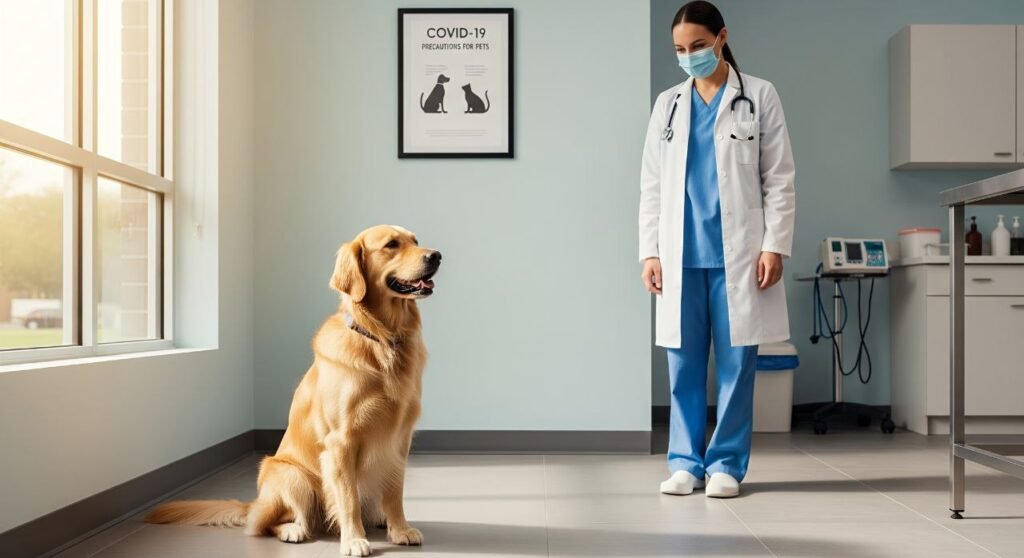 Golden Retriever at a vet clinic with COVID-19 safety precautions in place, showcasing the mild effects of COVID on dogs