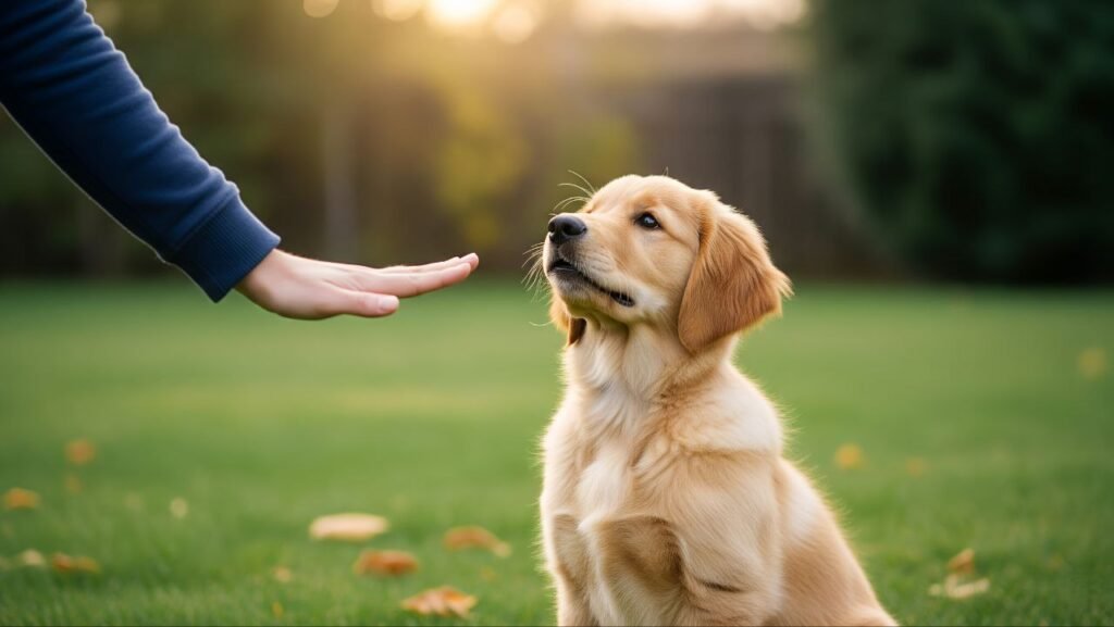 puppy Training learning to sit or stay with a clear gesture from the trainer