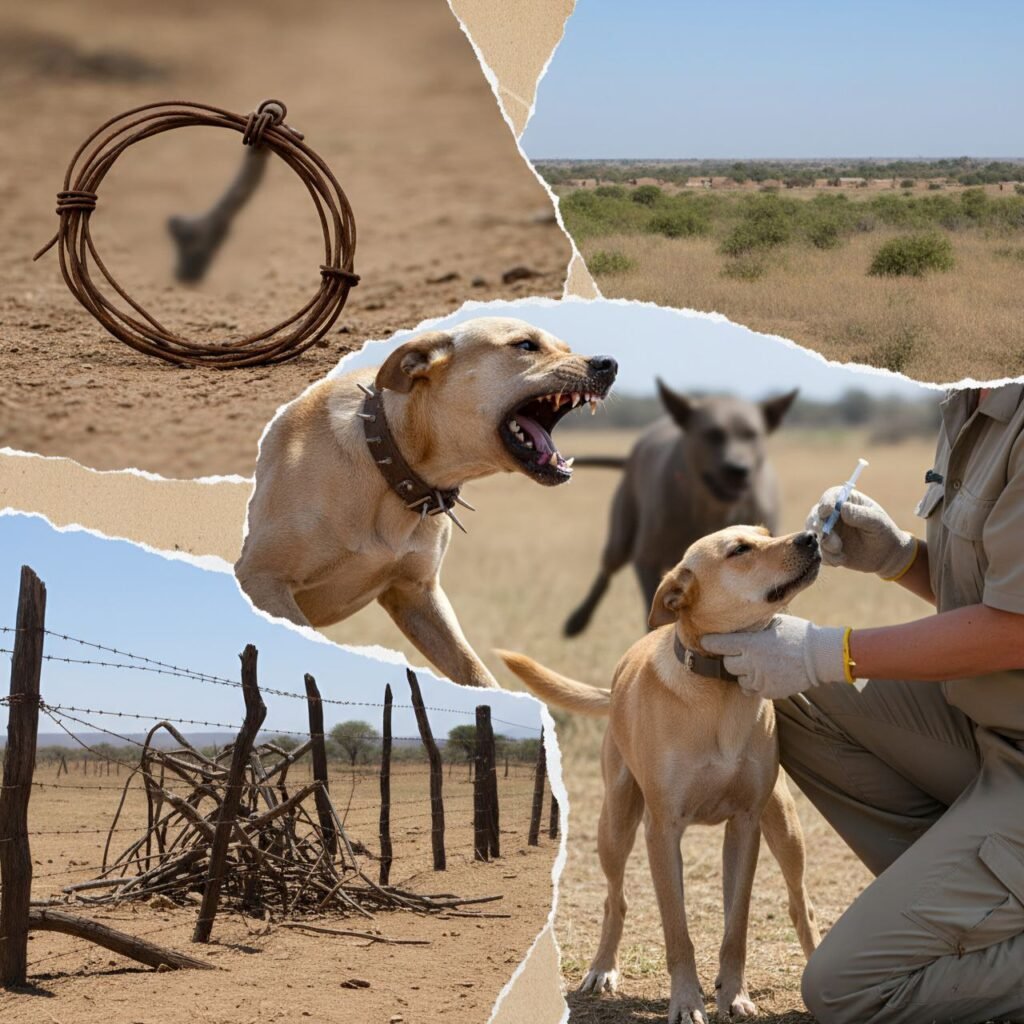 Collage showing threats to wild dogs including snares, fencing, and domestic dogs with disease risks
