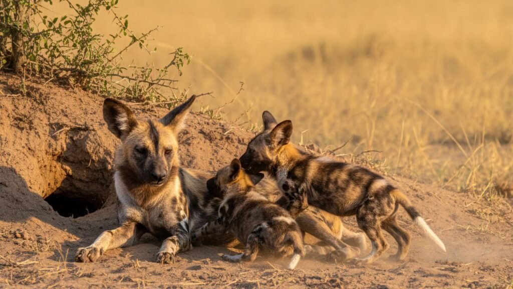 African wild dog mother with several pups outside a den site