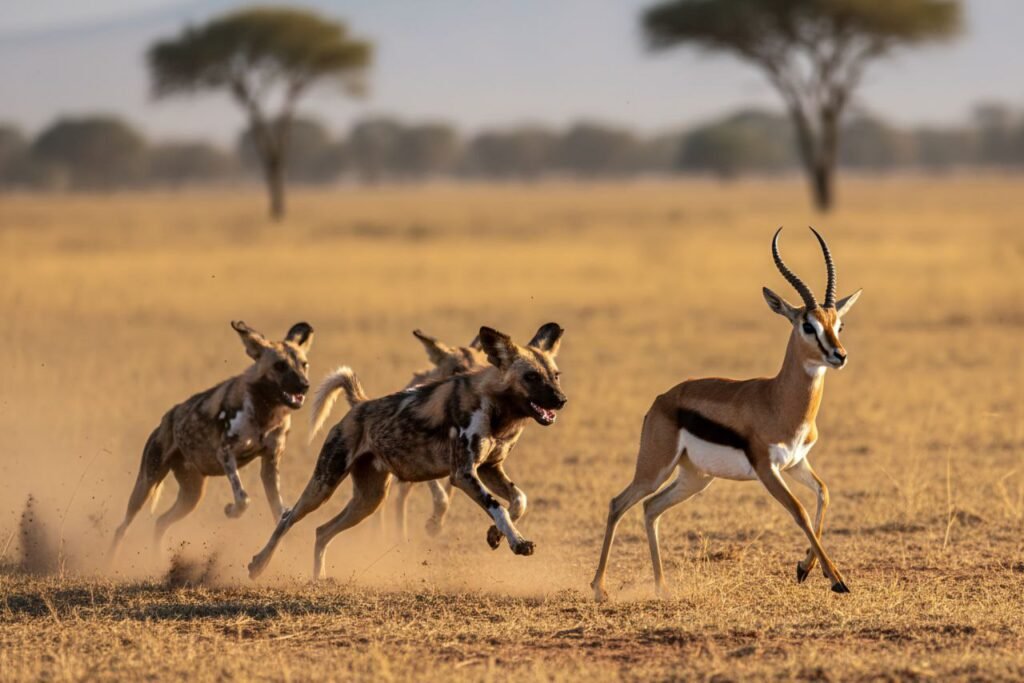 African wild dogs chasing an impala across the open savannah during a hunt