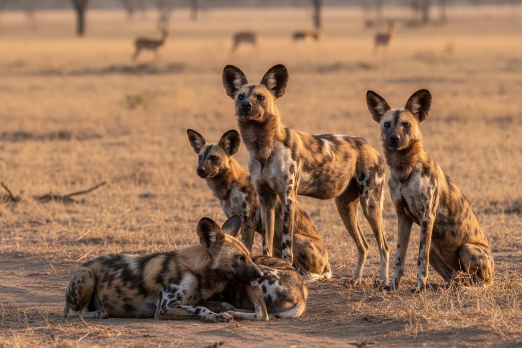 Pack of African wild dogs resting and socializing on the savanna