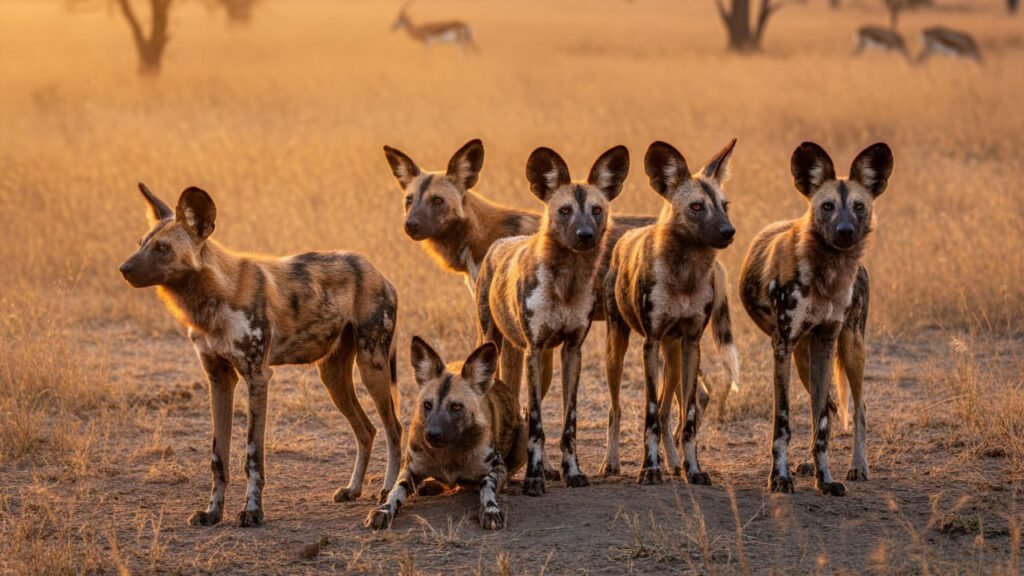 African wild dogs standing in dry grass during sunset in the African savanna